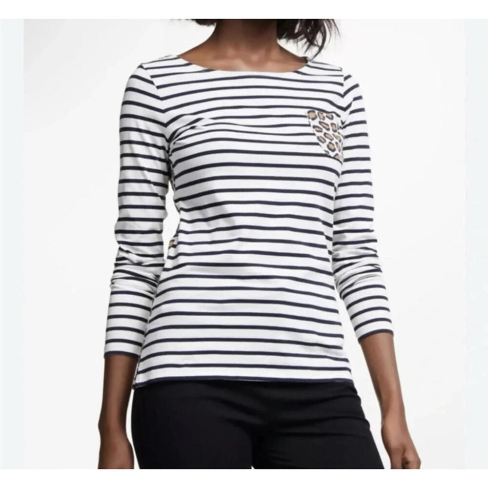 BODEN blue white stripe leopard print long sleeve tee sz 6